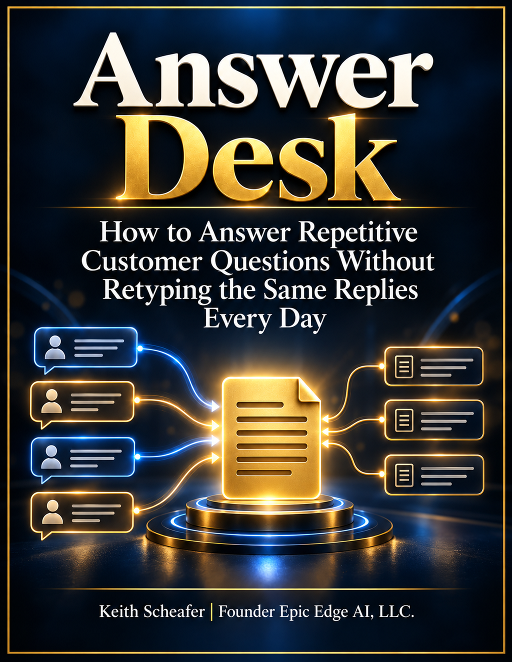 Answer Desk digital course cover by Keith Scheafer, with a gold document connected to blue and gold customer message icons on a dark background.