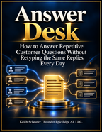 Answer Desk digital course cover by Keith Scheafer, with a gold document connected to blue and gold customer message icons on a dark background.