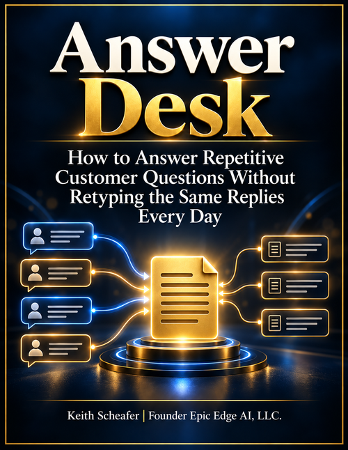 Answer Desk digital course cover by Keith Scheafer, with a gold document connected to blue and gold customer message icons on a dark background.